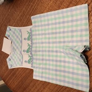 NWT Shrimp & Grits Kids light blue and mint Gingham whale shortall.